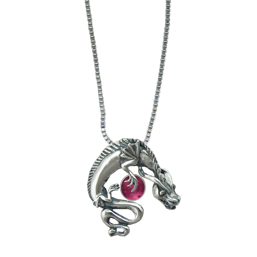 Sterling Silver Playful Dragon Pendant With Pink Tourmaline